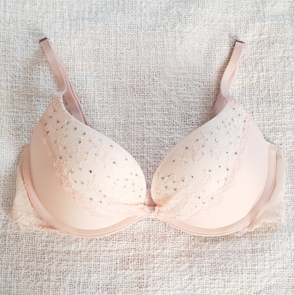 VS peach lace and rhinestone push up bra